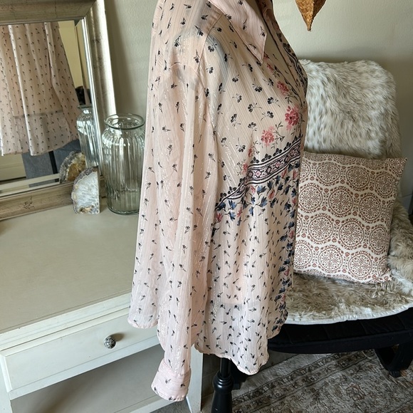 Style & Co XXL baby pink semi share button down Boho floral metallic blouse​​​ - Picture 9 of 14